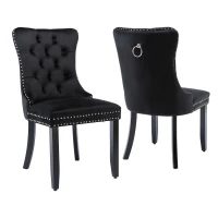 Set of 2 Velvet Dining Chairs with Button Tufted Backrest, Solid Rubber Wood Legs, Foot Pads, Wingback Design, 50L x 64W x 96H cm, Black(m-2)