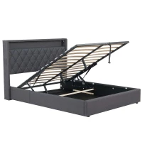 4ft6 Upholstered Double Bed Frame with Hydraulic Storage, LED Lighting, Charging Station, Side Pockets, 209.5L x 150.5W x 120.5H cm, Grey(m-15)