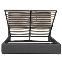 4ft6 Upholstered Double Bed Frame with Hydraulic Storage, LED Lighting, Charging Station, Side Pockets, 209.5L x 150.5W x 120.5H cm, Grey(m-16)