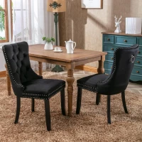 Set of 6 Velvet Dining Chairs with Button Tufted Backrest, Foot Pads, Solid Rubber Wood Legs, Wingback Design, 50L x 64W x 96H cm, Black(m-8)