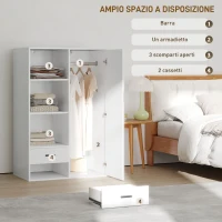 HOMCOM Armadio Moderno con 2 Cassetti, Ripiani Aperti e Vano Appendiabiti, 80x50x124 cm, Bianco(m-4)