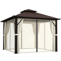 Outsunny 3 x 3(m) Hardtop Gazebo Canopy with UPF30+ Double Polycarbonate Roof, Aluminium Frame Garden Gazebo Permanent Pavilion with Mosquito Netting and Curtains for Patio, Deck, Beige(m-10)