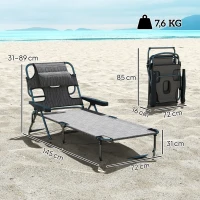 Outsunny Espreguiçadeira Dobrável de Jardim com Encosto Ajustável em 4 Níveis Orifício de Leitura e Almofada 194x72x31 cm Cinza(m-3)