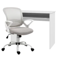 Vinsetto Home Office Chair and Computer Desk Set, Mesh Chair with Swivel Wheels, Study Desk with Storage Shelf, High Gloss White and Grey(m-11)