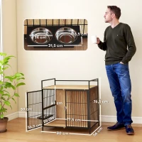 PawHut Gaiola para Cães Mesa Auxiliar Moderna com Suporte Giratório com 2 Tigelas para Cães Médios 80x56x76,5 cm Madeira e Preto(m-3)