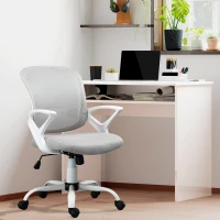 Vinsetto Home Office Chair and Computer Desk Set, Mesh Chair with Swivel Wheels, Study Desk with Storage Shelf, High Gloss White and Grey(m-2)