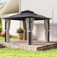 Outsunny 3 x 3(m) Hardtop Gazebo Canopy with UPF30+ Double Polycarbonate Roof, Aluminium Frame Garden Gazebo Permanent Pavilion with Mosquito Netting and Curtains for Patio, Deck, Beige(m-3)
