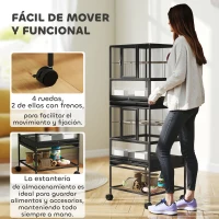 PawHut Jaula para Pájaros de 2 Niveles con Paneles Acrílicos Comederos Perchas Ruedas y Estante Inferior 48x46x134,5 cm Negro(m-7)