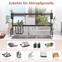 HOMCOM Abtropfgestell Geschirr, 2-stufiges Abtropfständer mit Haken, Tellerregal, Zubehör, 100 cm Stahl, Schwarz(m-5)