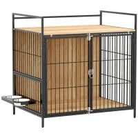 PawHut Gaiola para Cães Mesa Auxiliar Moderna com Suporte Giratório com 2 Tigelas para Cães Médios 80x56x76,5 cm Madeira e Preto(m-1)