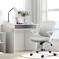 Vinsetto Home Office Chair and Computer Desk Set, Mesh Chair with Swivel Wheels, Study Desk with Storage Shelf, High Gloss White and Grey(m-8)