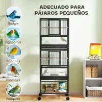 PawHut Jaula para Pájaros de 2 Niveles con Paneles Acrílicos Comederos Perchas Ruedas y Estante Inferior 48x46x134,5 cm Negro(m-8)