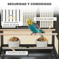 PawHut Jaula para Pájaros con Paneles Acrílicos Comederos Soporte Ruedas y Estante Inferior 48x46x83 cm Negro(m-5)