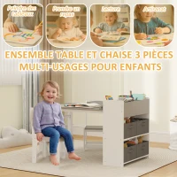 AIYAPLAY Ensemble table et 2 chaises enfant en bois avec rouleau de papier, étagères et tiroirs, pour fille garçon 3-8 ans, gris(m-4)