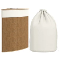 HOMCOM Bamboo Laundry Basket with Lid, 55L Corner Laundry Hamper with Removable Washable Liner Bag, Bathroom Triangle Washing Basket, 35 x 35 x 60 cm, Brown(m-10)