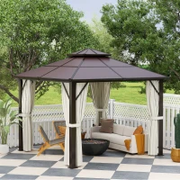 Outsunny 3 x 3(m) Hardtop Gazebo Canopy with UPF30+ Double Polycarbonate Roof, Aluminium Frame Garden Gazebo Permanent Pavilion with Mosquito Netting and Curtains for Patio, Deck, Beige(m-8)