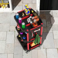 HOMCOM Carrello Porta Attrezzi a 3 Livelli in Plastica con Pannello Forato Laterale, Nero e Rosso(m-9)