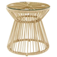 Outsunny Round End Table, Rattan Side Table, Hollow Drum Design Coffee Table w/ Glass Tabletop for Patio, Garden, Balcony Natural(m-11)