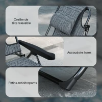 Outsunny Chaise longue de jardin pliante dossier réglable sur 4 niveaux, trou de lecture et appui-tête 72L x 194l x 31H cm Gris(m-8)