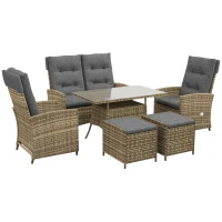 Outsunny 6 Seater Rattan Dining Set with 2 Reclining Chairs, Loveseat, 2 Stools, Rattan Garden Furniture Set with Cushions, Rectangular Glass Top Table, Aluminium Frame, Mixed Grey(m-1)