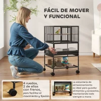 PawHut Jaula para Pájaros con Paneles Acrílicos Comederos Soporte Ruedas y Estante Inferior 48x46x83 cm Negro(m-7)