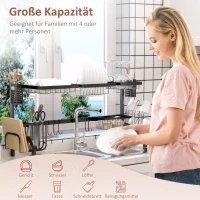 HOMCOM Abtropfgestell Geschirr, 2-stufiges Abtropfständer mit Haken, Tellerregal, Zubehör, 100 cm Stahl, Schwarz(m-4)