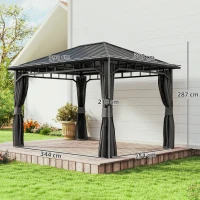 Outsunny Garten-Pavillon, Metallpavillon, wasserfest, UV-beständig, Terrassenpavillon mit Netzwänden und Vorhängen, Dunkelgrau(m-3)