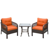 Outsunny 3 Pieces Rattan Bistro Set with Glass Top Coffee Table, Chairs and Cushions for Outdoor, Patio, Balcony, Orange(m-1)