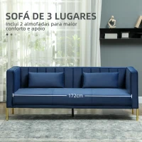 HOMCOM Sofá de 3 Lugares Estofado em Veludo com 2 Almofadas Apoio para os Braços e Pés Dourados 194,5x76x76 cm Azul Marinho(m-4)
