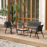 Outsunny Conjunto de Jardim Exterior 4 Peças com 2 Cadeiras Empilháveis 1 Sofá de 2 Lugares e Mesa de Centro com Bancada de Vidro Temperado Preto(m-9)