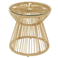 Outsunny Round End Table, Rattan Side Table, Hollow Drum Design Coffee Table w/ Glass Tabletop for Patio, Garden, Balcony Natural(m-10)