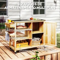 Outsunny Carrinho de Barbecue de Madeira Carrinho de Serviço com Prateleiras Armário Bancada de Aço Inoxidável 134,5x50x91,5 cm Madeira(m-5)