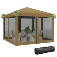 Outsunny 3 x 3 m Pop Up Gazebo, 420D Garden Tent Canopy with Removable Mesh Sidewall Netting, Carry Bag for Garden Patio Outdoor, Khaki(m-10)