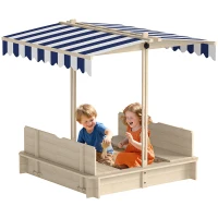 Outsunny Sabbiera per Bambini in Legno con Tettuccio Parasole, Panca e Coperchio, 106x106x115 cm Bianco e Blu(m-1)