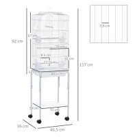 PawHut Gaiola para Passáros com Suporte  com 4 Rodas Portas 4 Comedouros 3 Poleiros e Bandeja Removível 46,5x36x157cm Branco(m-3)