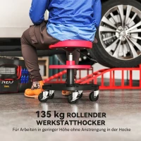 HOMCOM Werkstatthocker mit Rollen Tabletts höhenverstellbar 40-51cm Rollhocker bis 135 kg belastbar Rot(m-4)