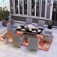 Outsunny 7-Piece Rattan Garden Furniture Set with Cushions, 6 Seater Garden Table and Chairs, Rattan Dining Set with 6 Armchairs, Rectangular Glass Top Table, Charcoal Grey(m-2)