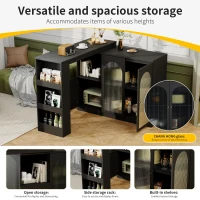 360° Rotating Bar Table with Multifunctional Storage, Metal Handles, Modern Dining Bar Cabinet with Glass Doors, 120L x 120W x 97H cm, Black(m-5)