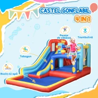 Outsunny 4 in 1 Castel Gonflabil pentru Copii cu Tobogan Piscina Trambulina Perete de Catarat, Casa Gonflabila cu Suflanta Geanta de Depozitare, 4,35 x 2,45 x 2 m(m-4)