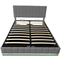 Ottoman Double Bed with Hydraulic Storage, LED Lighting, PU Leather, Bed Frame with Adjustable Headboard, 193L x 142W x 101-111H cm, Grey(m-11)