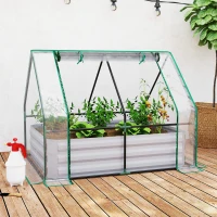 Outsunny Raised Garden Bed with Greenhouse, Steel Planter Box with Plastic Cover, Roll Up Window, Dual Use for Flowers, Vegetables, Fruits and Herbs, 127L x 95W x 92H cm, Clear(m-15)
