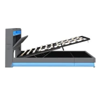 Modern Upholstered Double Bed with Hydraulic Storage, LED Headboard, Charging Station, USB and Type-C Ports, 206L x 137W x 110H cm, Grey(m-15)