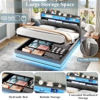 Modern Upholstered Double Bed with Hydraulic Storage, LED Headboard, Charging Station, USB and Type-C Ports, 206L x 137W x 110H cm, Grey(m-6)
