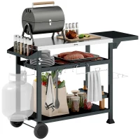 Outsunny Carrello Barbecue con Tavolino Pieghevole in Acciaio Inox, 2 Ruote e Accessori, 125x65x84 cm, Nero(m-1)