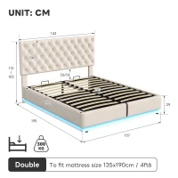 Ottoman Double Bed with LED Lighting, Adjustable Headboard, Velvet Upholstered Bed with Hydraulic Storage, 195L x 142W x 102-112H cm, Beige(m-3)