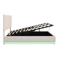 Ottoman Double Bed with LED Lighting, Adjustable Headboard, Velvet Upholstered Bed with Hydraulic Storage, 195L x 142W x 102-112H cm, Beige(m-14)