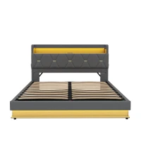 Modern Upholstered Double Bed with Hydraulic Storage, LED Headboard, Charging Station, USB and Type-C Ports, 206L x 137W x 110H cm, Grey(m-2)