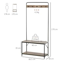 HOMCOM Appendiabiti con Panca e Scarpiera in Stile Industriale, Mobile per Ingresso Vintage in Legno e Acciaio Nero(m-3)