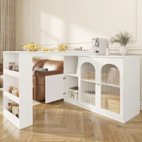 Modern 360° Rotating Bar Table with Glass Door, Metal Handles, Multifunctional Storage Cabinet with Open Shelves, 120L x 120W x 97H cm, White(m-1)