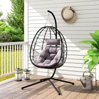 Outsunny Hanging Egg Chair Outdoor Indoor Garden Swing Chair with Folding Basket, Thickened Cushion, Garden Hanging Chair with Stand, Headrest for Patio, Balcony, Grey(m-9)